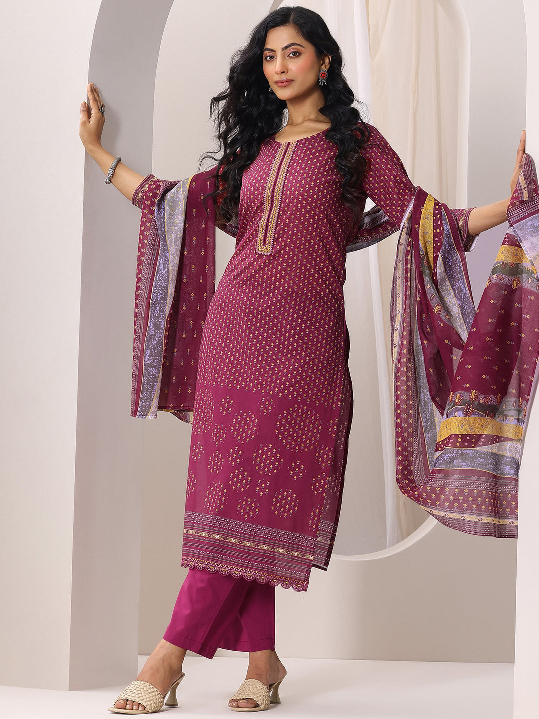 Maroon Printed Cotton Straight Suit Set With Dupatta