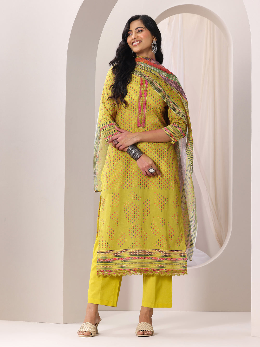 Green Printed Cotton Straight Suit Set With Dupatta