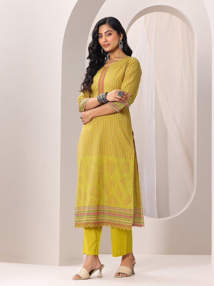 Green Printed Cotton Straight Suit Set With Dupatta