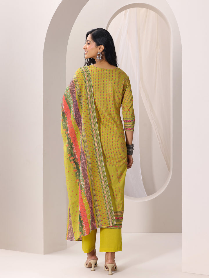 Green Printed Cotton Straight Suit Set With Dupatta