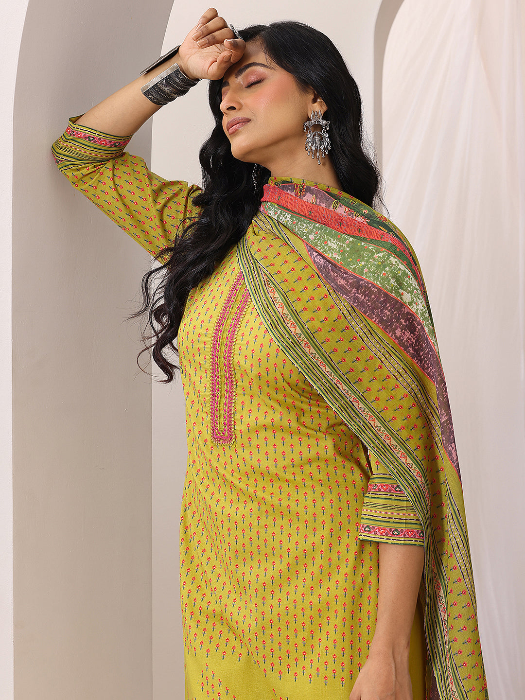 Lime Green Printed Cotton Straight Suit Set main image 1