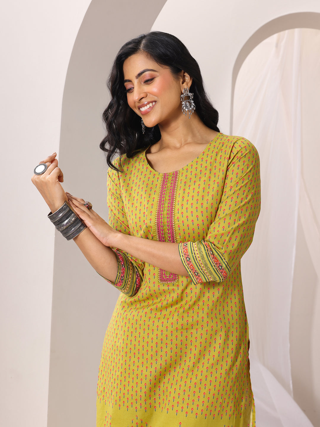 Green Printed Cotton Straight Suit Set With Dupatta