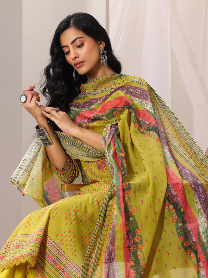 Green Printed Cotton Straight Suit Set With Dupatta