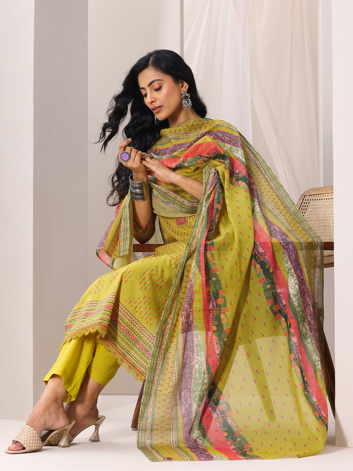 Green Printed Cotton Straight Suit Set With Dupatta