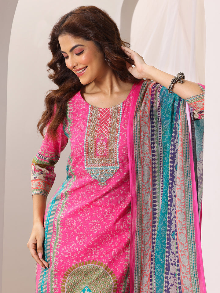 Pink Printed Cotton Straight Suit Set With Dupatta