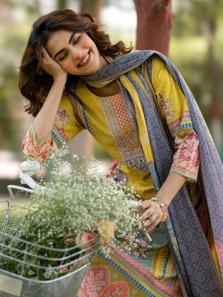 Yellow Printed Cotton Straight Suit Set With Dupatta