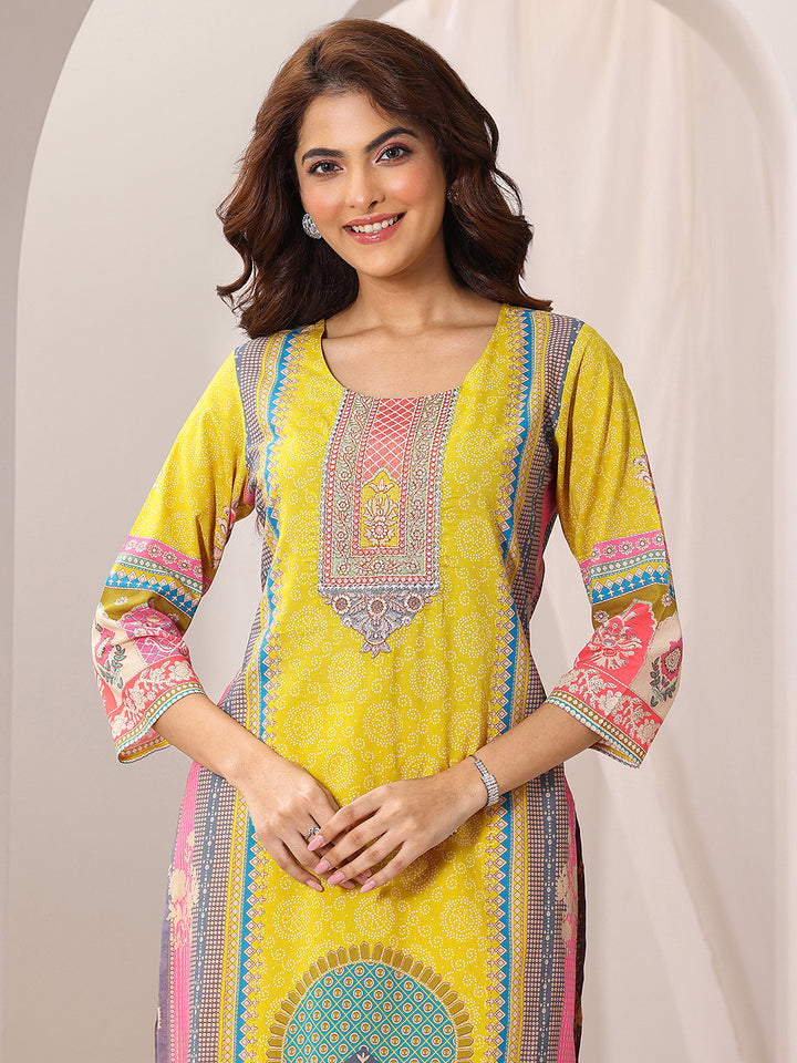 Yellow Printed Cotton Straight Suit Set With Dupatta