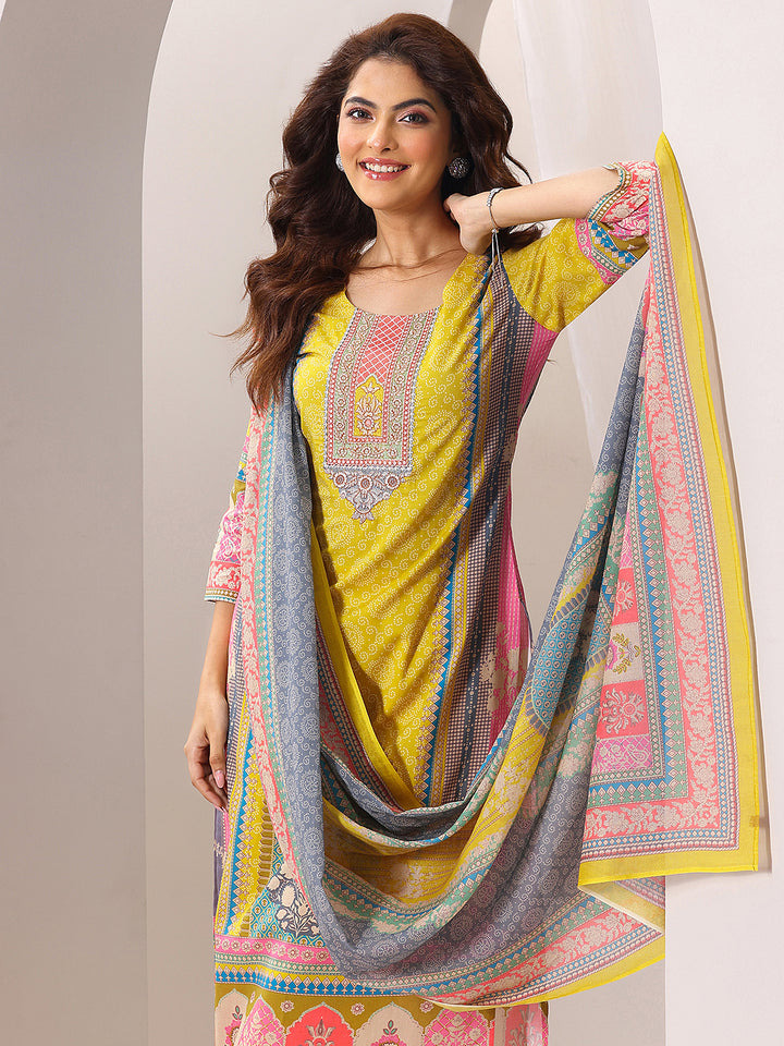 Yellow Printed Cotton Straight Suit Set With Dupatta