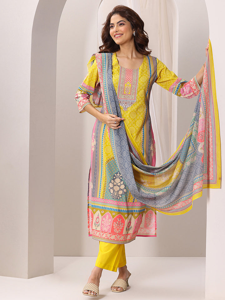 Yellow Printed Cotton Straight Suit Set With Dupatta