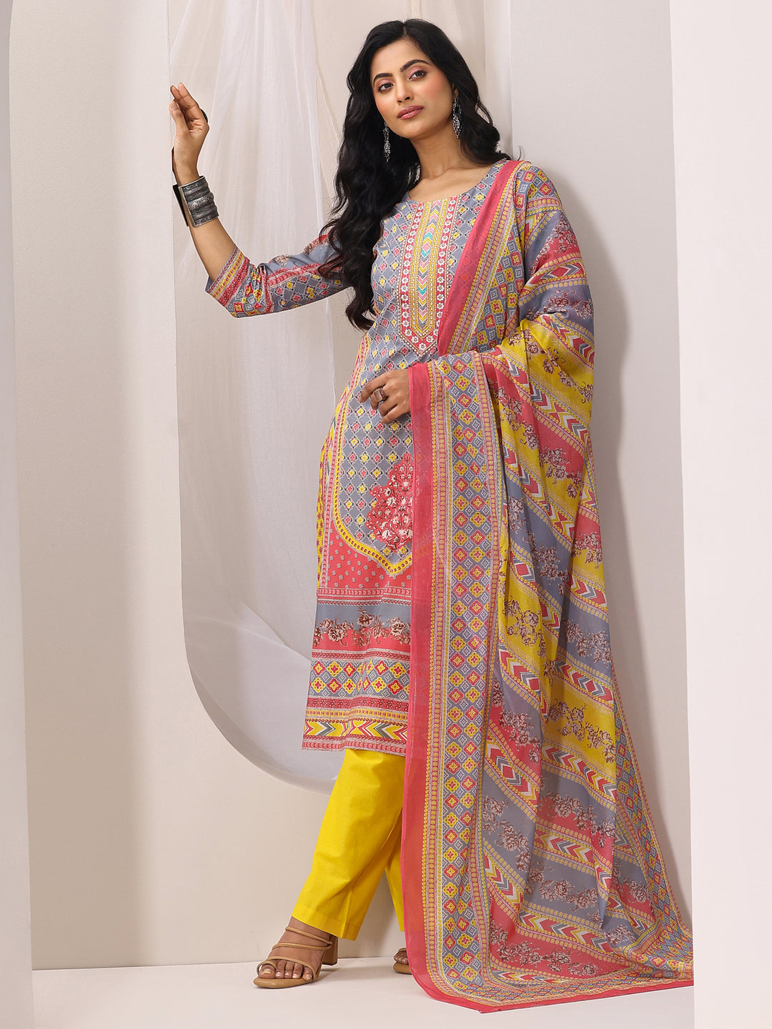 Multi Printed Cotton Straight Suit Set With Dupatta