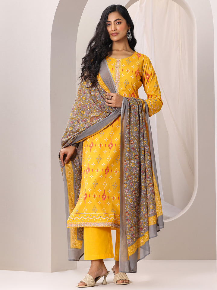 Mustard Printed Cotton Straight Suit Set With Dupatta