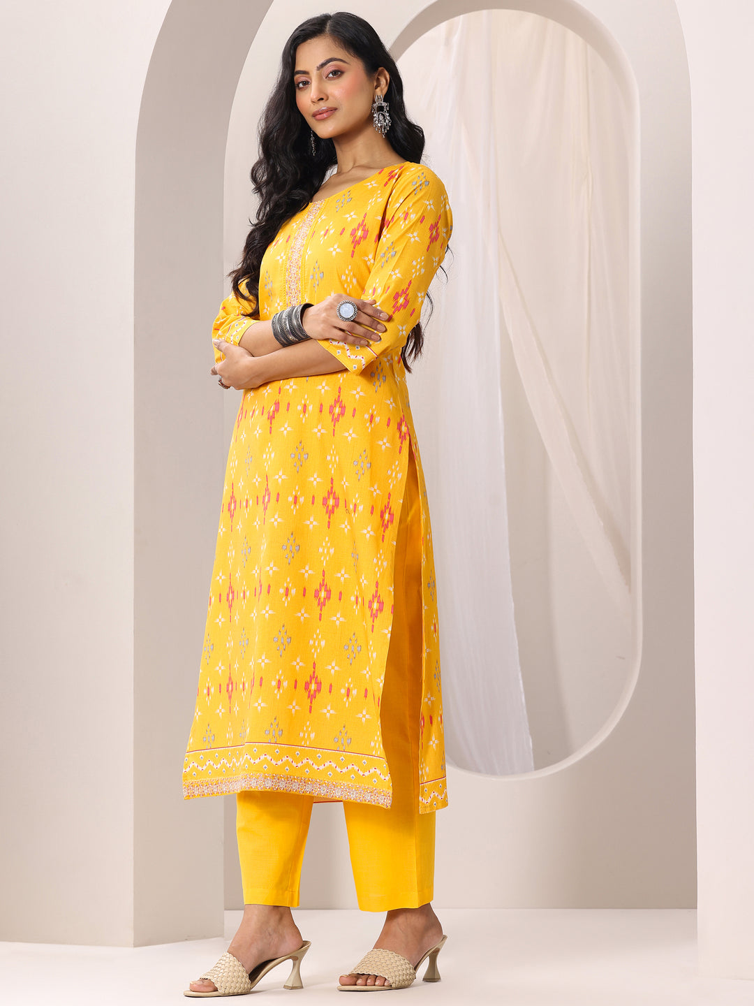 Mustard Printed Cotton Straight Suit Set With Dupatta
