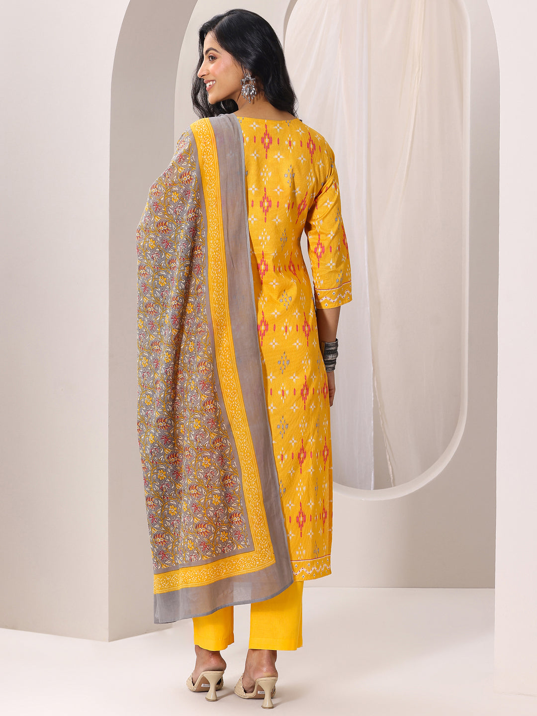 Mustard Printed Cotton Straight Suit Set With Dupatta