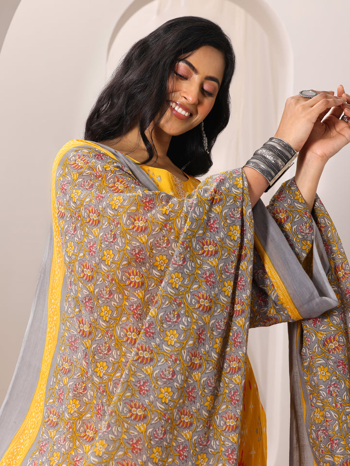 Mustard Printed Cotton Straight Suit Set With Dupatta