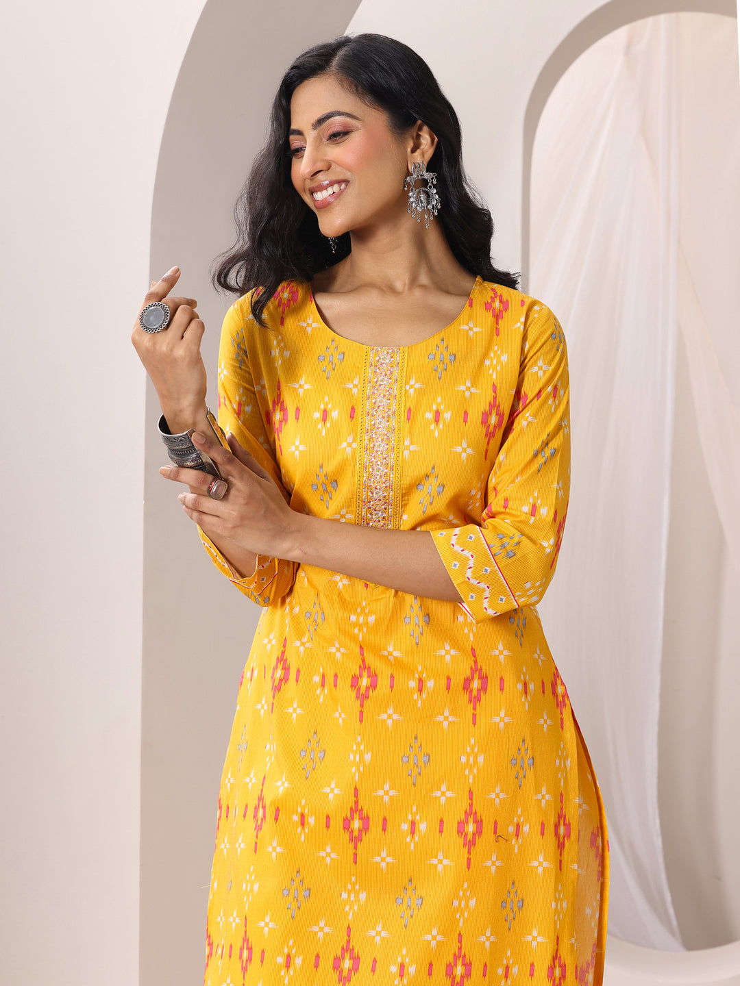 Mustard Printed Cotton Straight Suit Set With Dupatta