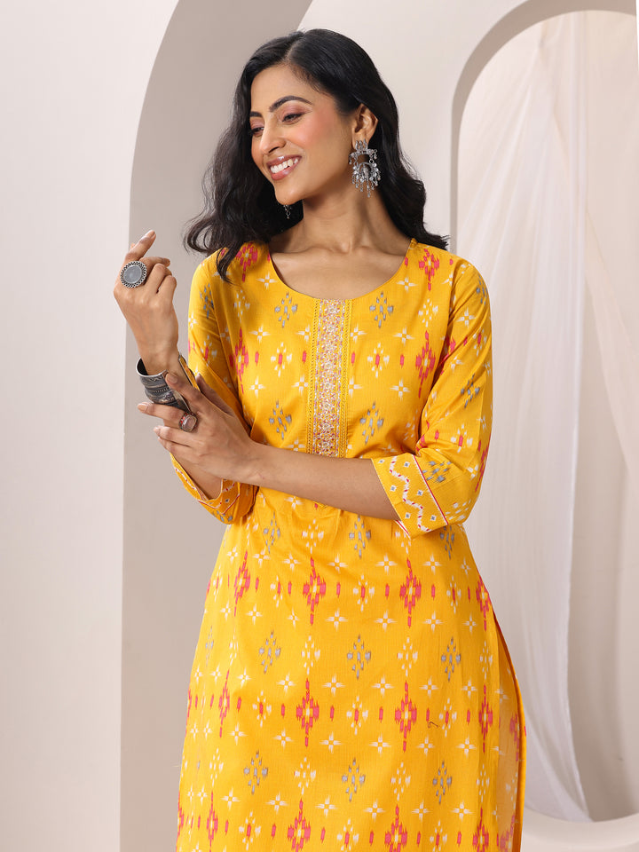 Mustard Printed Cotton Straight Suit Set With Dupatta