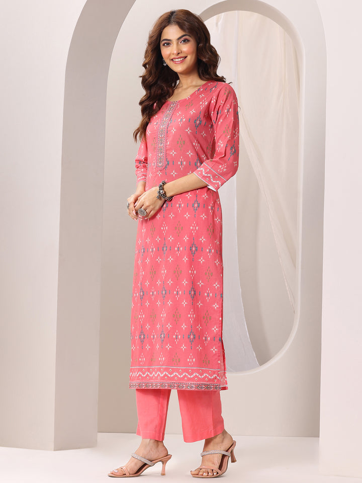 Coral Printed Cotton Straight Suit Set With Dupatta