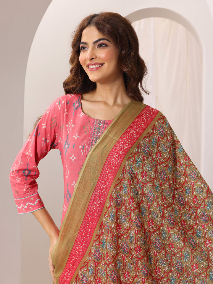 Coral Printed Cotton Straight Suit Set With Dupatta