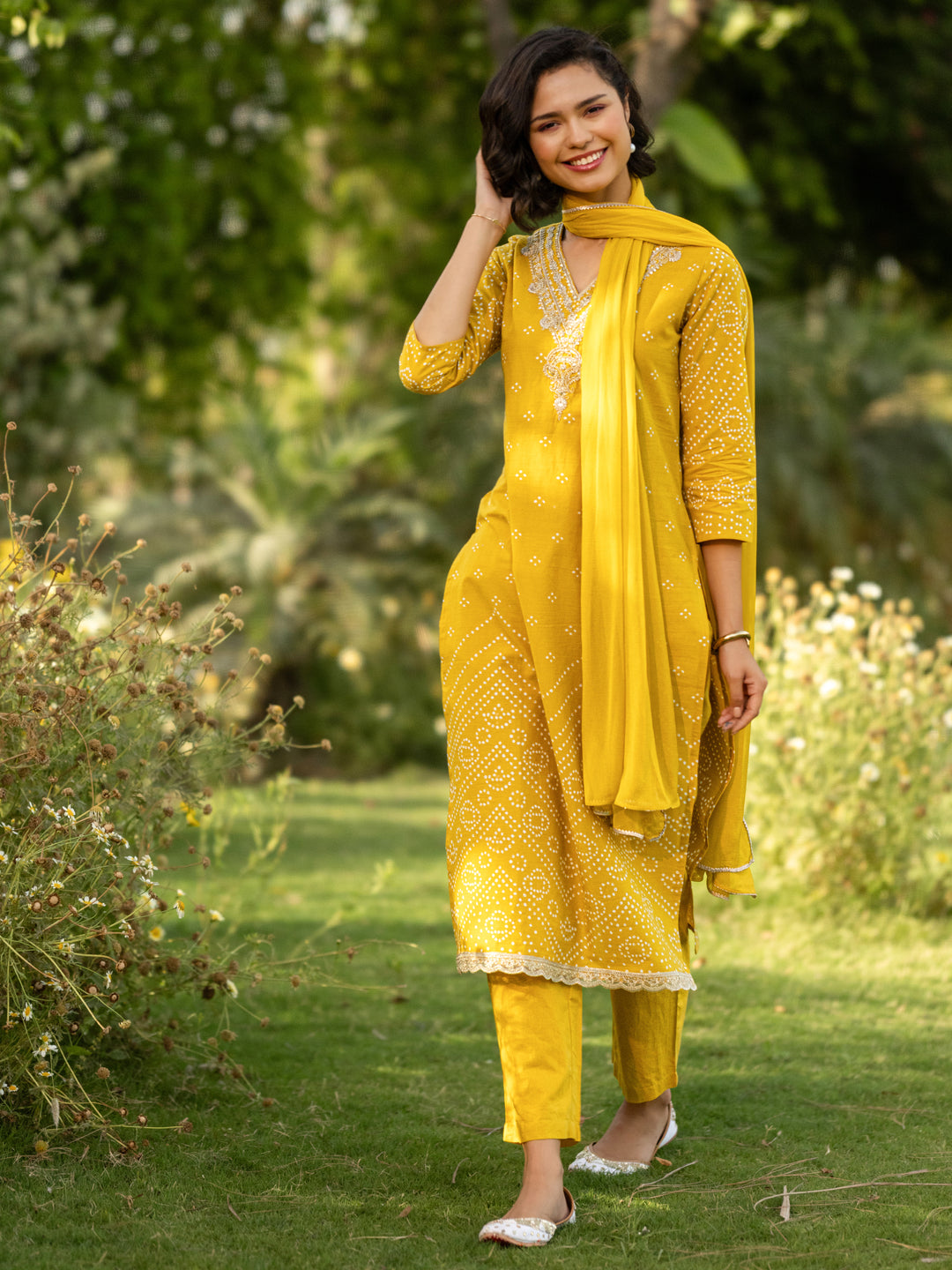 Mustard Printed Cotton Straight Suit Set With Dupatta