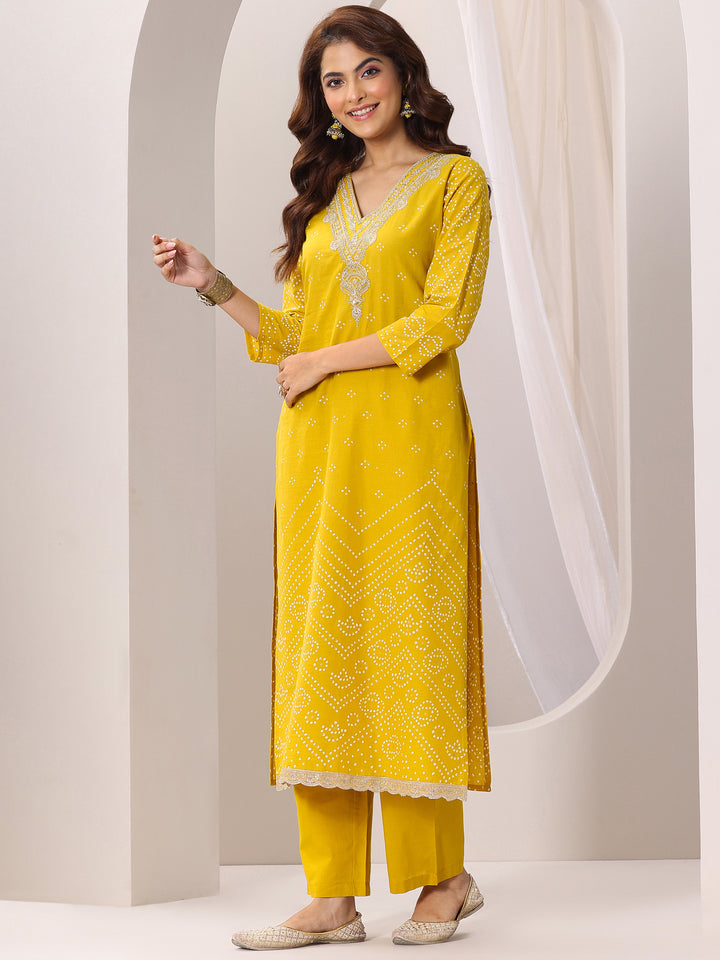 Mustard Printed Cotton Straight Suit Set With Dupatta