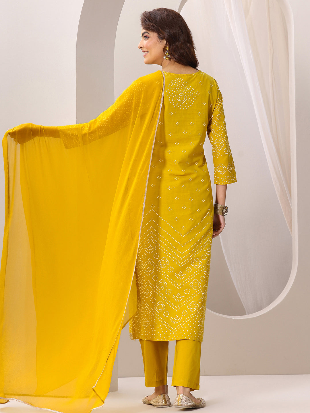 Mustard Printed Cotton Straight Suit Set With Dupatta