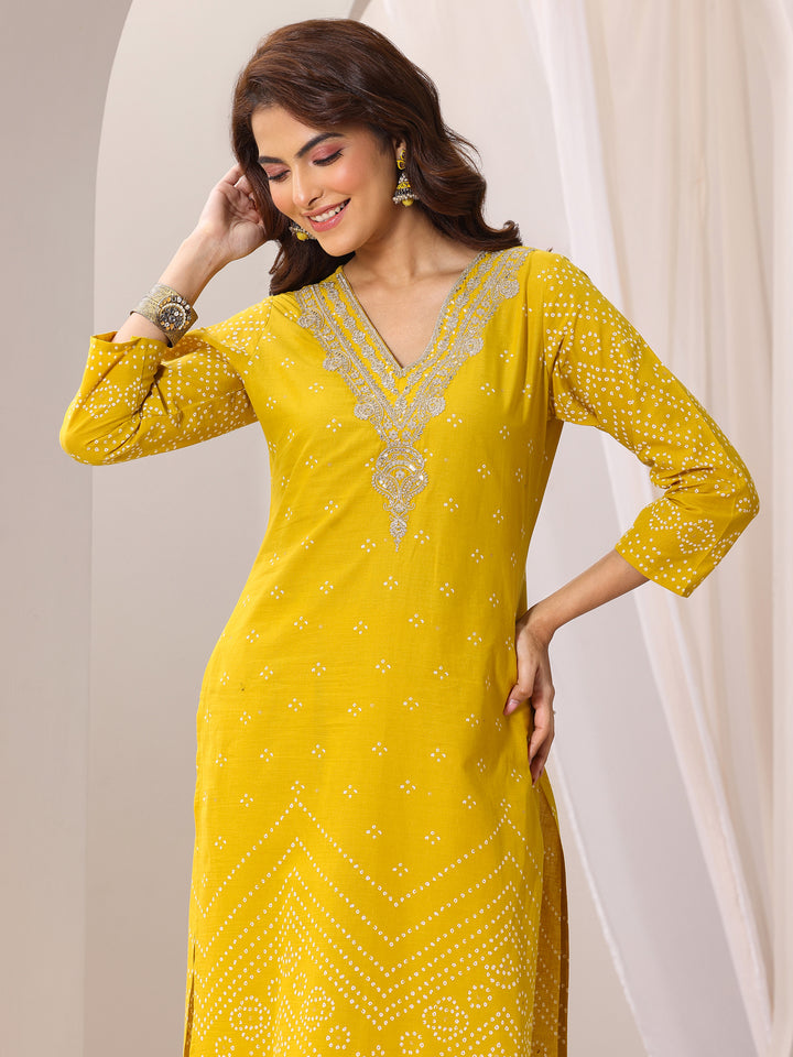 Mustard Printed Cotton Straight Suit Set With Dupatta