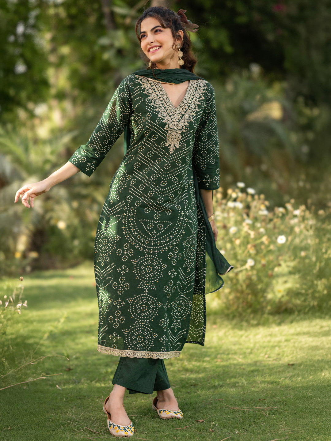 Green Printed Cotton Straight Suit Set With Dupatta