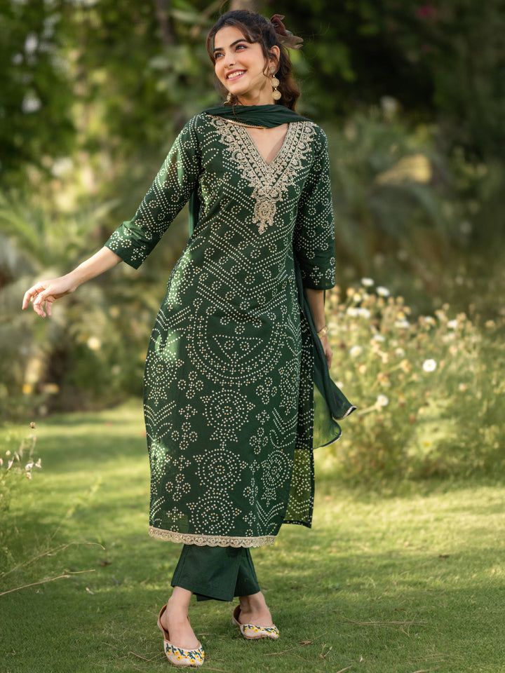 Green Printed Cotton Straight Suit Set With Dupatta