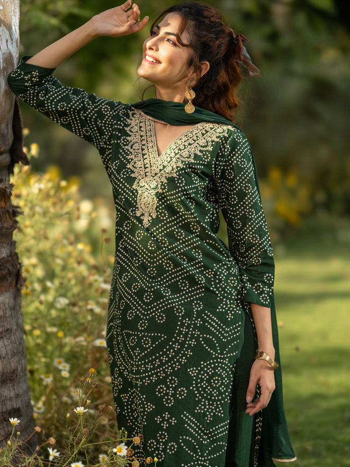 Green Printed Cotton Straight Suit Set With Dupatta