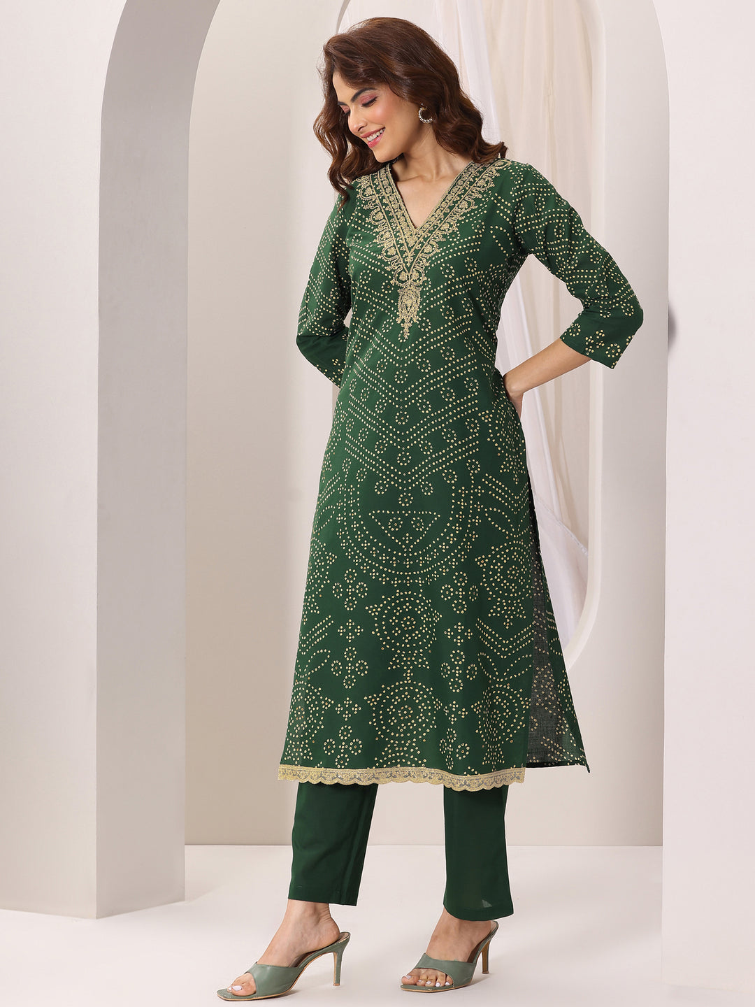 Green Printed Cotton Straight Suit Set With Dupatta