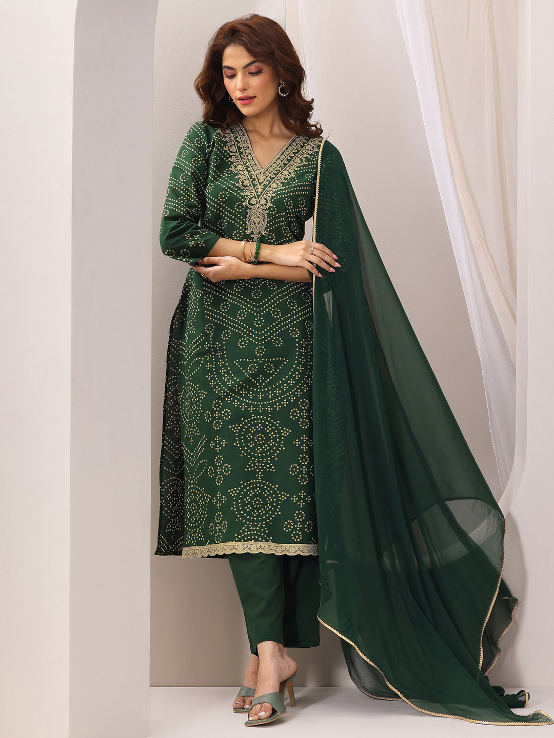 Green Printed Cotton Straight Suit Set With Dupatta