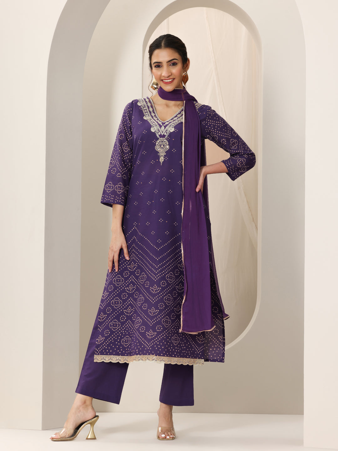 Purple Printed Cotton Straight Suit Set With Dupatta