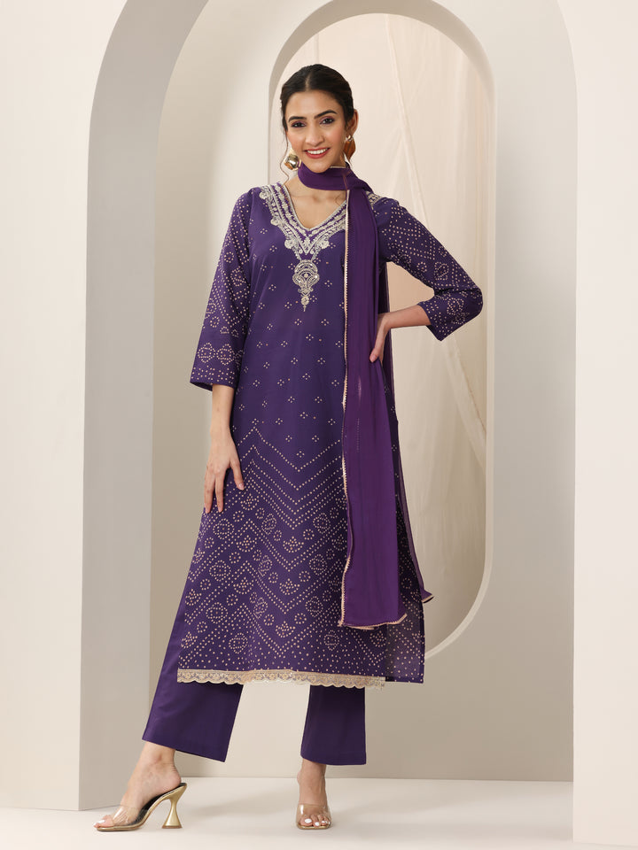 Purple Printed Cotton Straight Suit Set With Dupatta