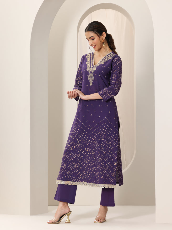 Purple Printed Cotton Straight Suit Set With Dupatta