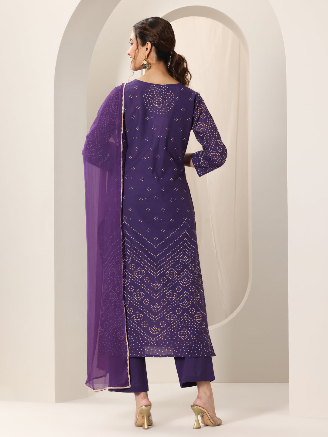 Purple Printed Cotton Straight Suit Set With Dupatta