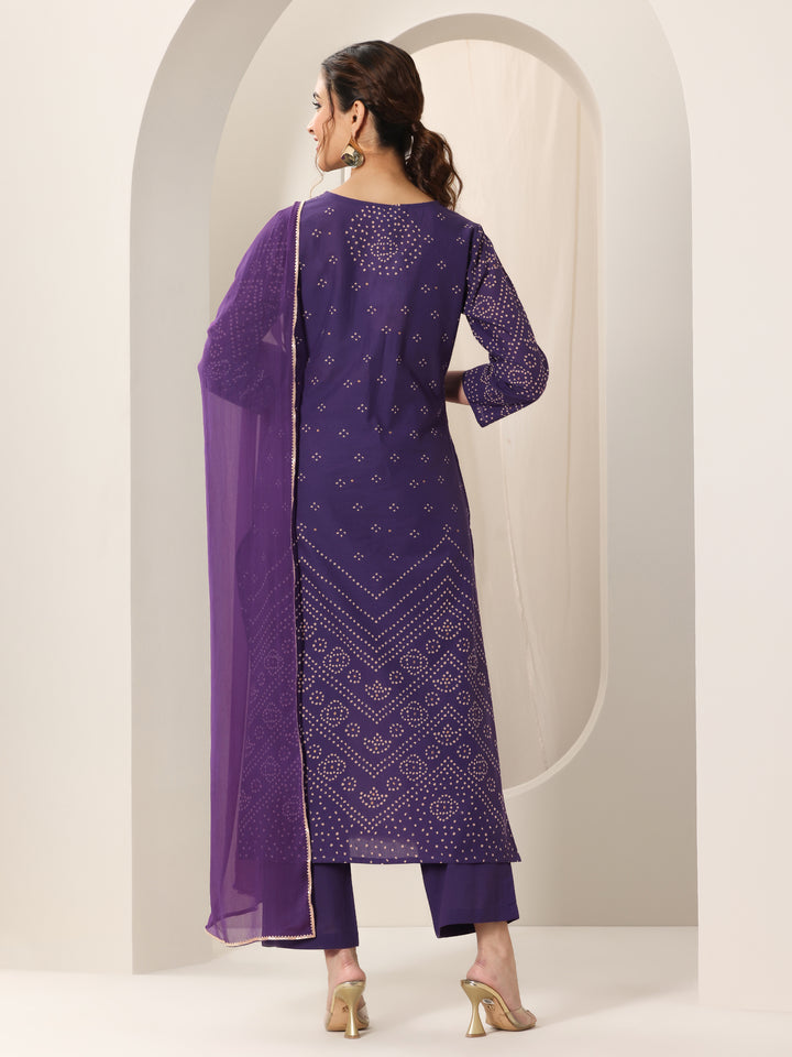 Purple Printed Cotton Straight Suit Set With Dupatta
