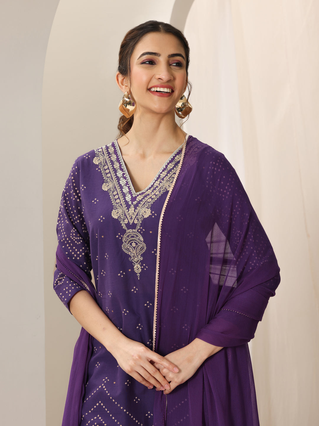 Purple Printed Cotton Straight Suit Set With Dupatta
