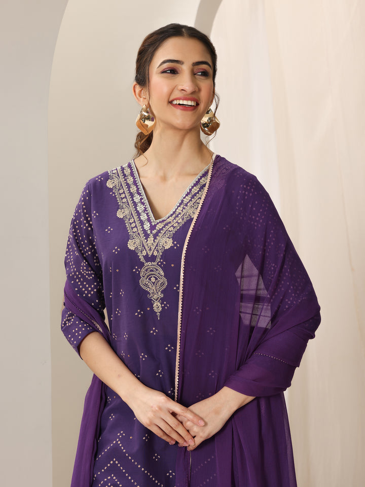 Purple Printed Cotton Straight Suit Set With Dupatta