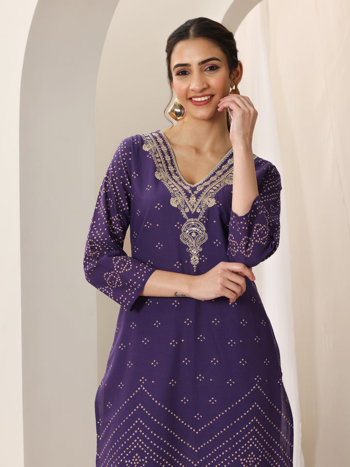 Purple Printed Cotton Straight Suit Set With Dupatta