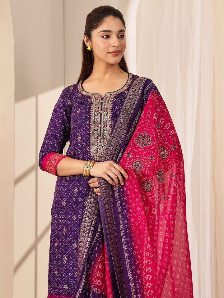 Purple Printed Silk Blend Straight Suit Sets With Dupatta