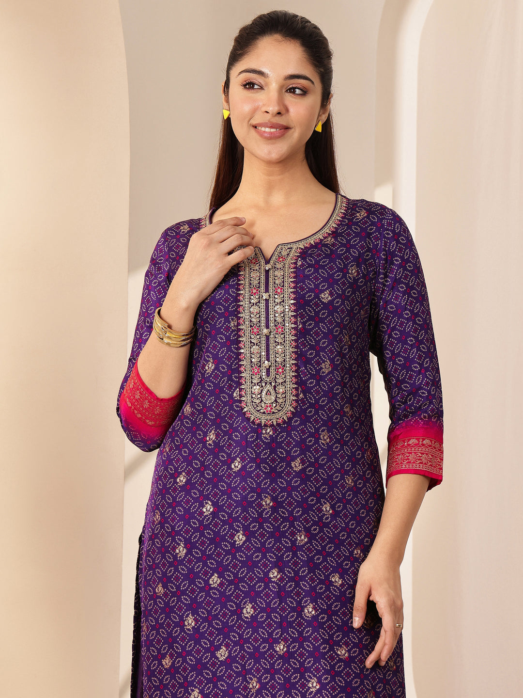 Purple Printed Silk Blend Straight Suit Sets With Dupatta