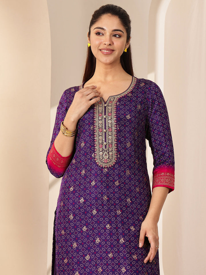 Purple Printed Silk Blend Straight Suit Sets With Dupatta