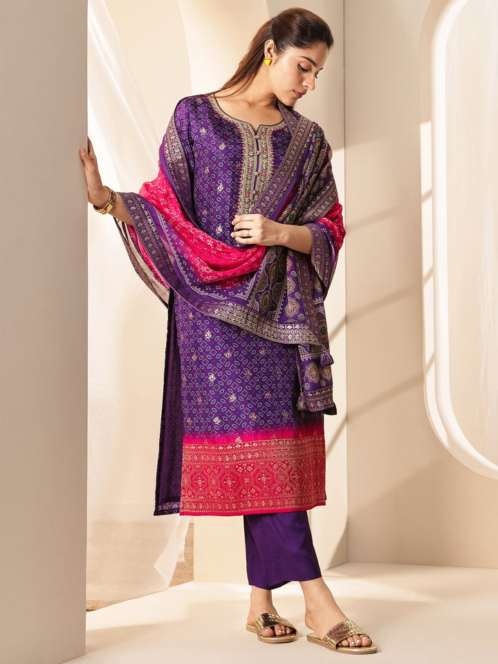 Purple Printed Silk Blend Straight Suit Sets With Dupatta