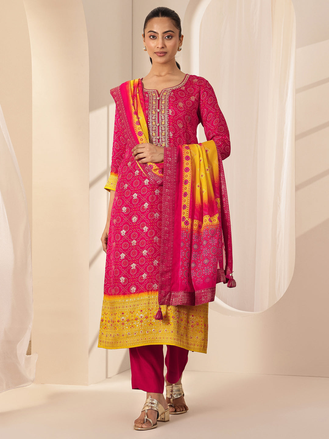 Red Printed Silk Blend Straight Suit Sets With Dupatta