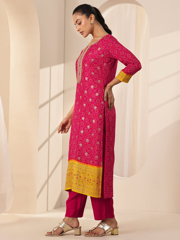 Red Printed Silk Blend Straight Suit Sets With Dupatta