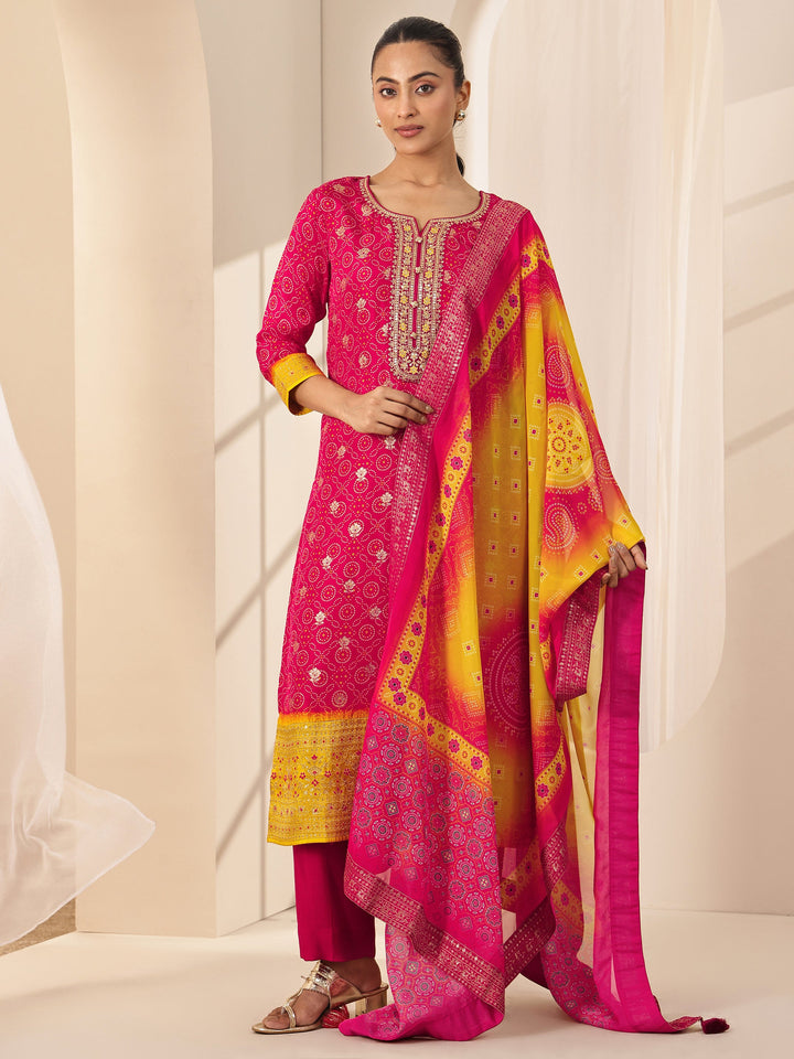 Red Printed Silk Blend Straight Suit Sets With Dupatta