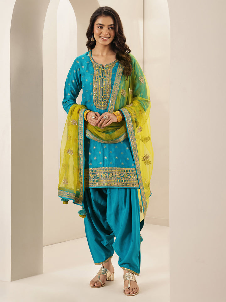Blue Self Design Silk Blend Straight Suit Sets With Dupatta