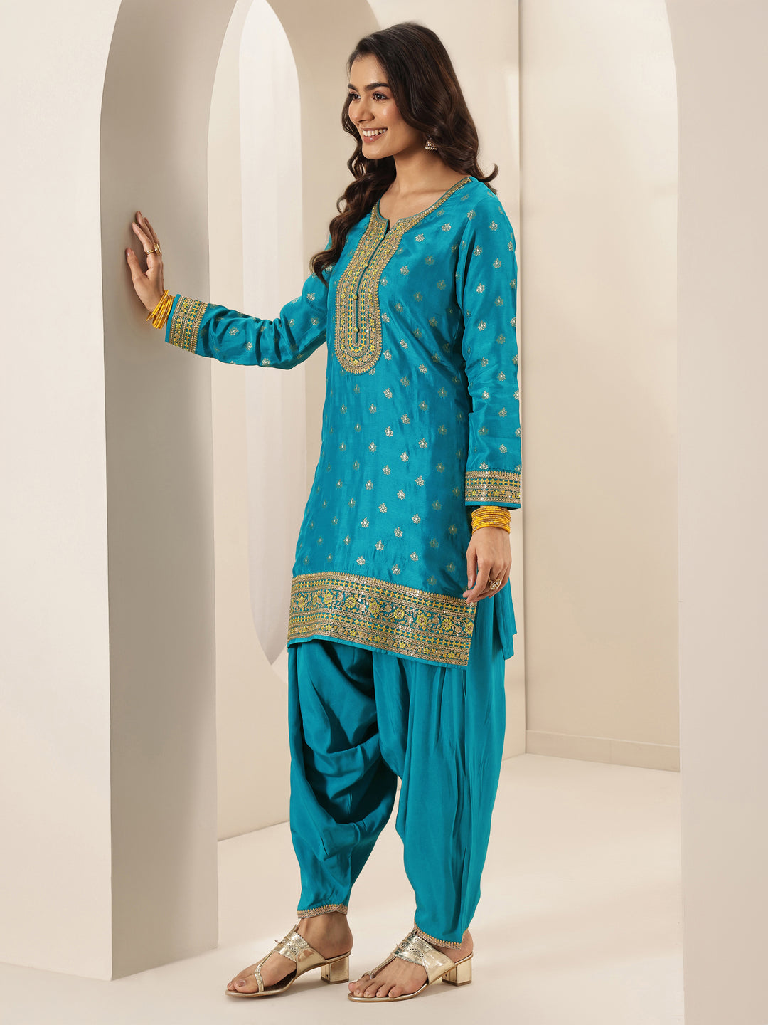 Blue Self Design Silk Blend Straight Suit Sets With Dupatta