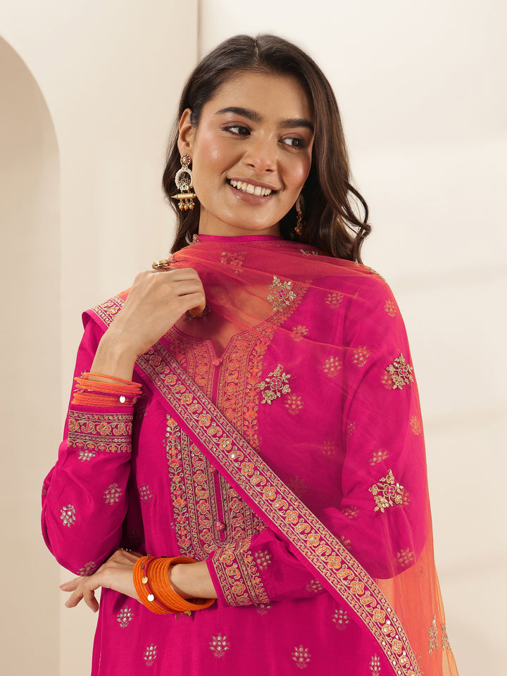 Pink Self Design Silk Blend Straight Suit Sets With Dupatta