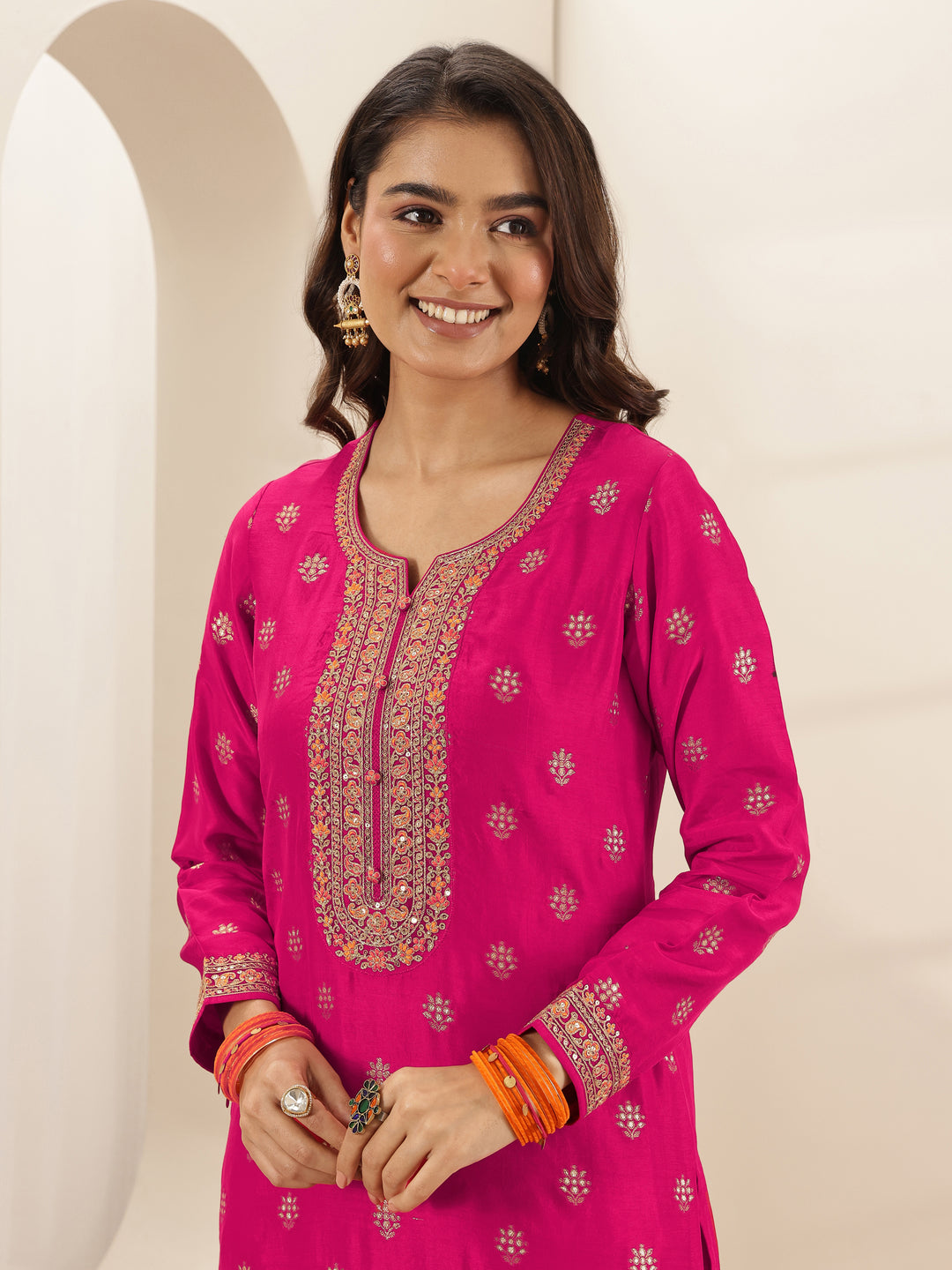 Pink Self Design Silk Blend Straight Suit Sets With Dupatta